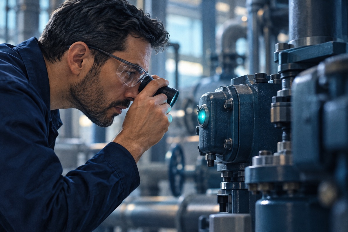 An engineer uses an inspection lens to examine a cyan indicator on industrial equipment.