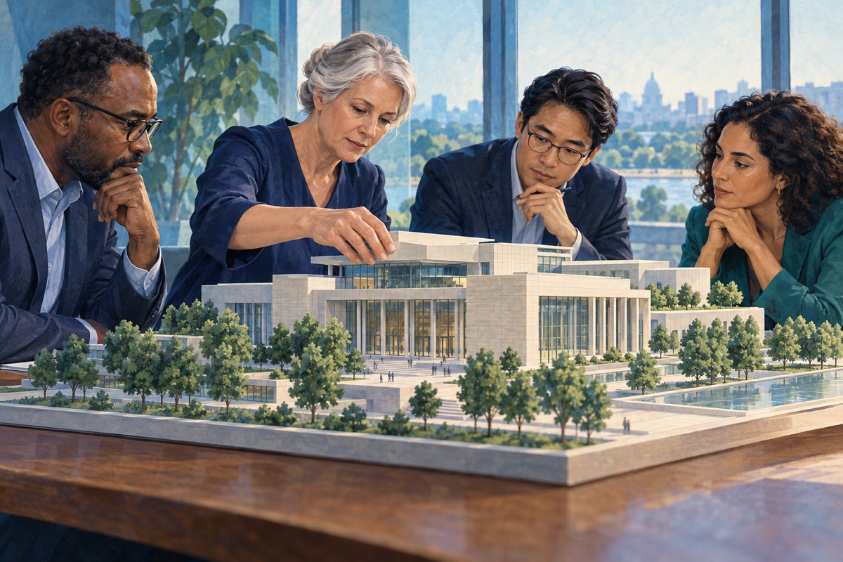 A diverse leadership team considers an architectural model around a table.