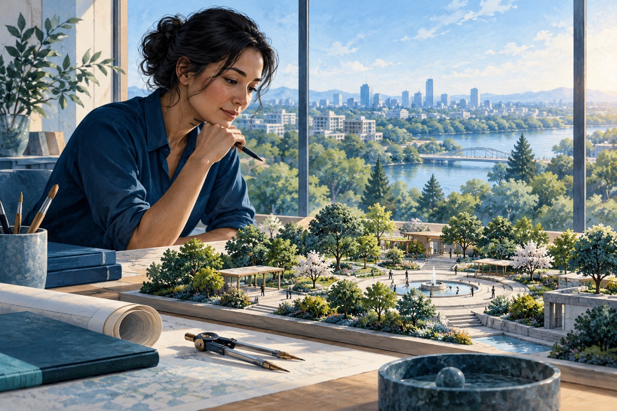 An urban planner studies a detailed model of a sunlit public garden.