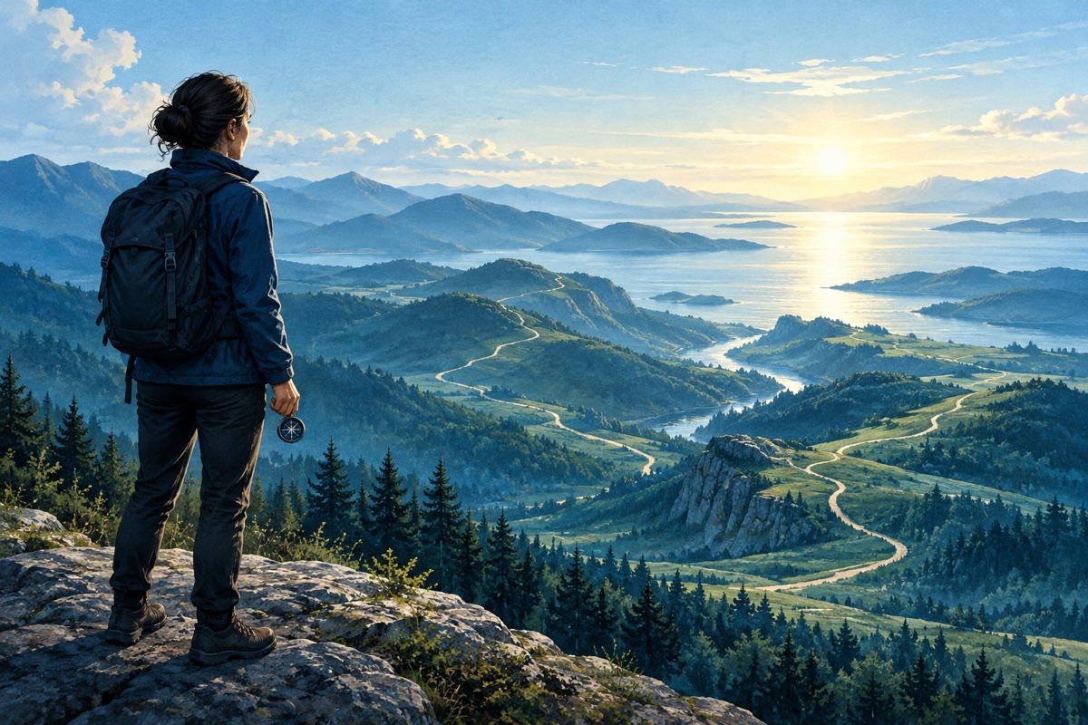 A person with a compass surveys a broad mountain landscape at sunrise.