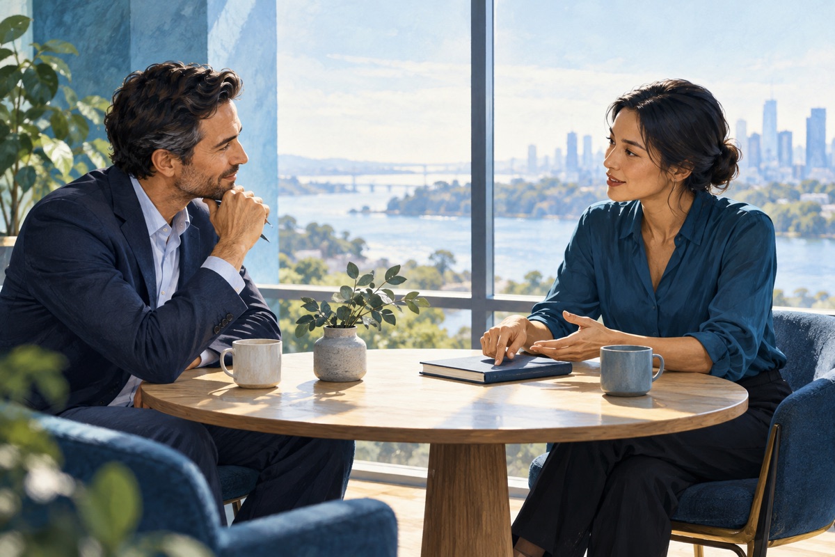 Two professionals listen and talk across a table in a sunlit room.