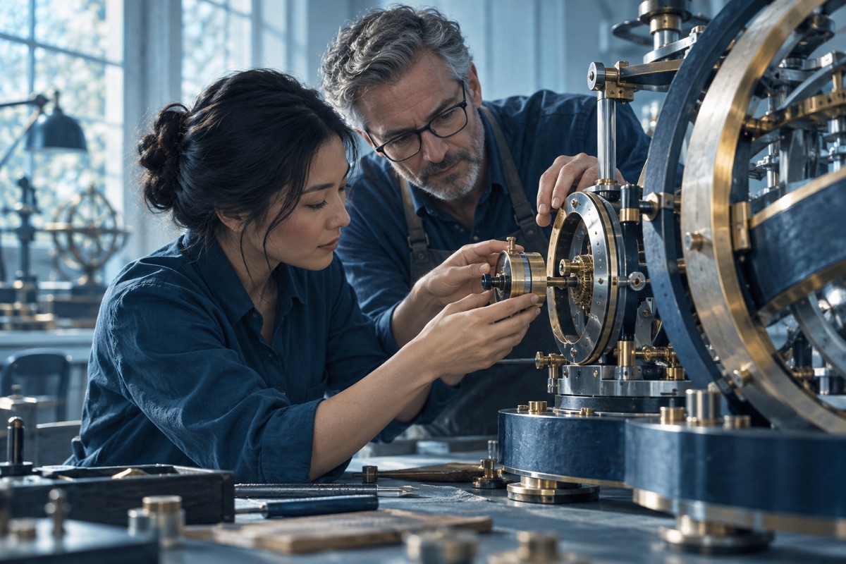 A client and specialist carefully adjust a component in a precision workshop.