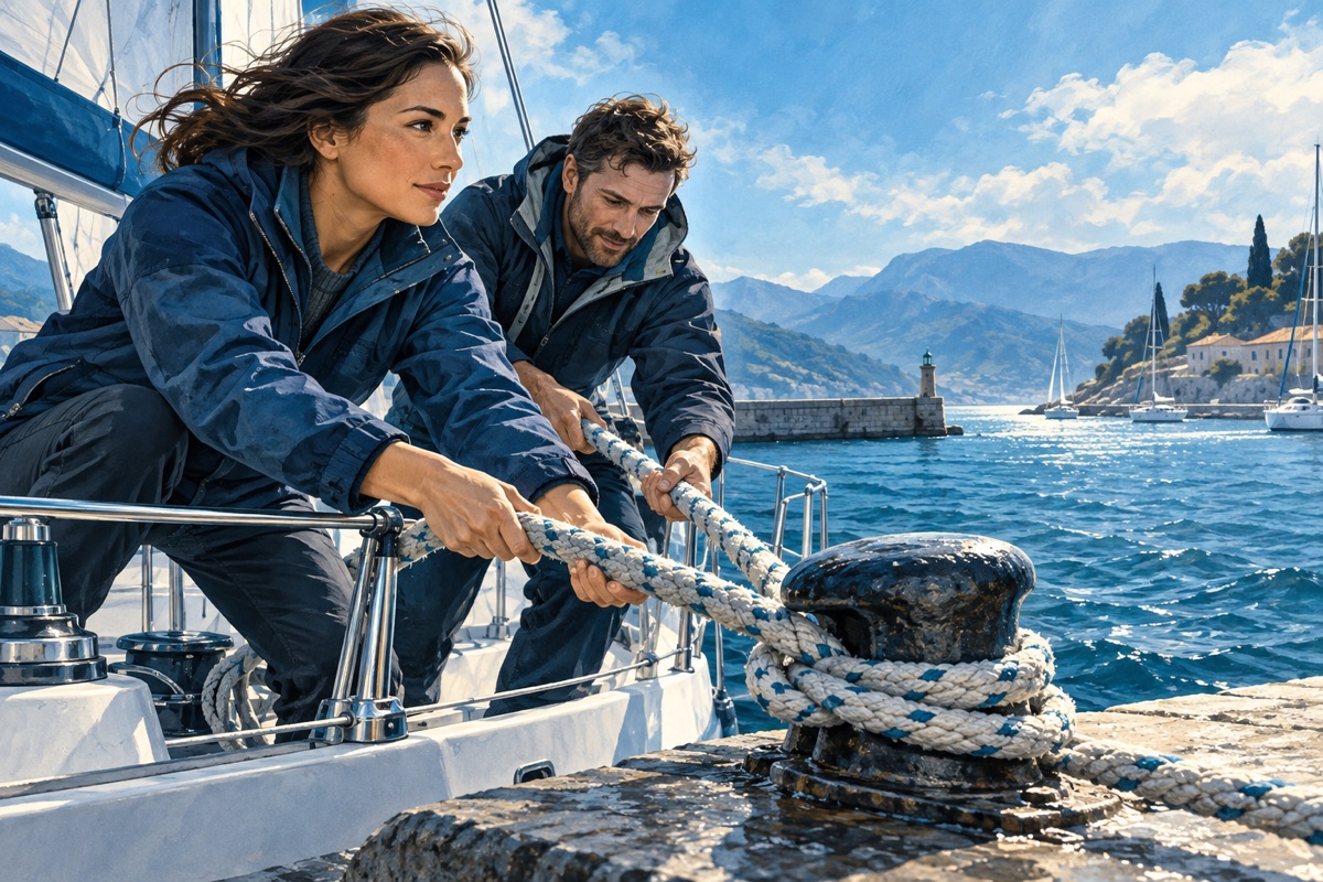Two crew members secure a boat’s mooring line in a harbor.
