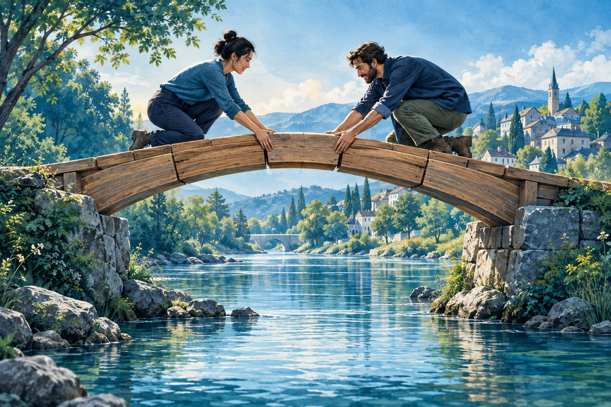 Two people work together to fit the central plank of a timber footbridge.