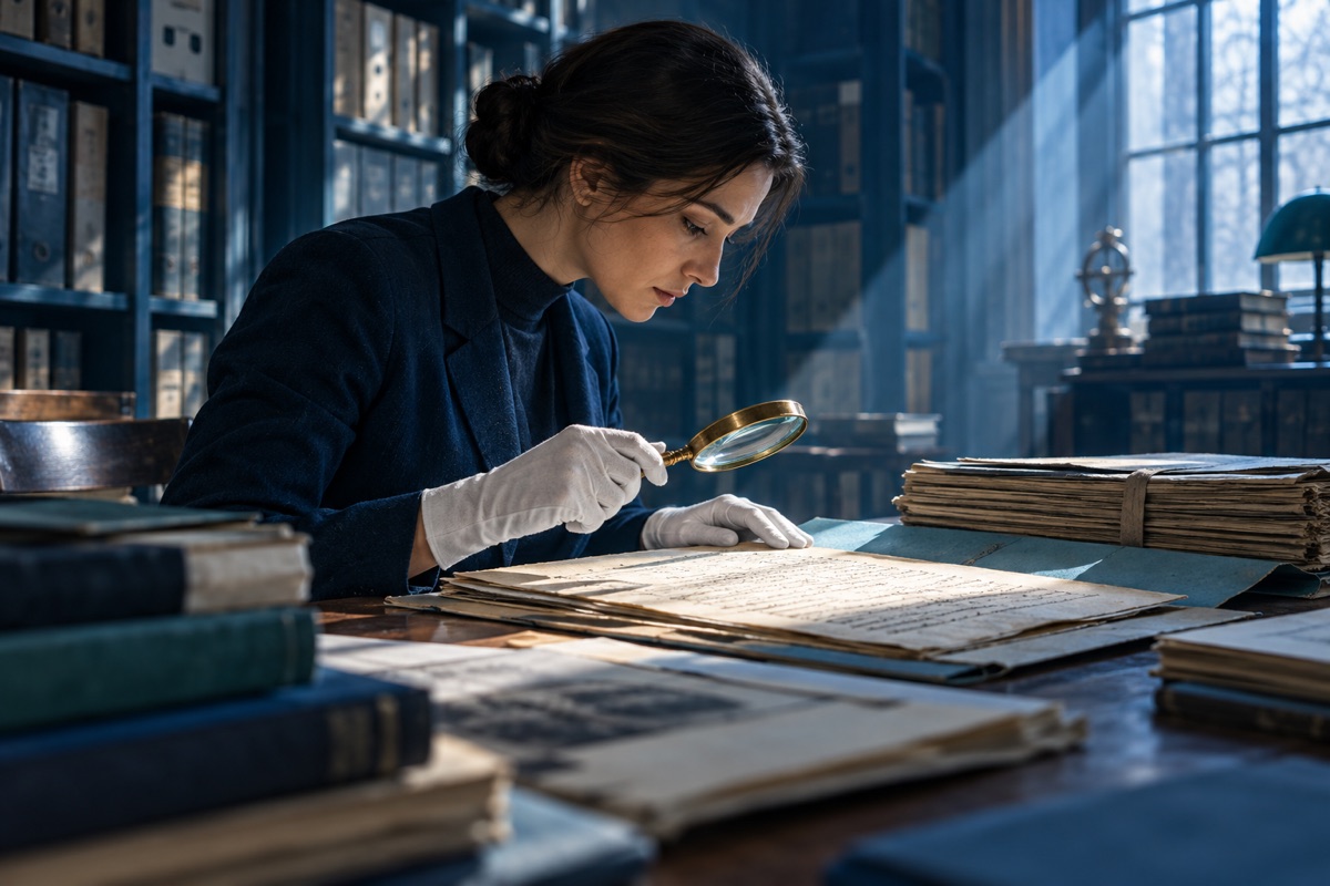 An archivist examines a source document with a magnifying glass.